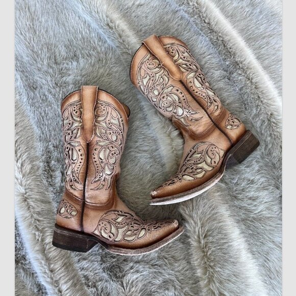 Corral Teen Shiny Inlay Western Boots Square Toe Size 2.5T Leather Cowgirl - Picture 2 of 11